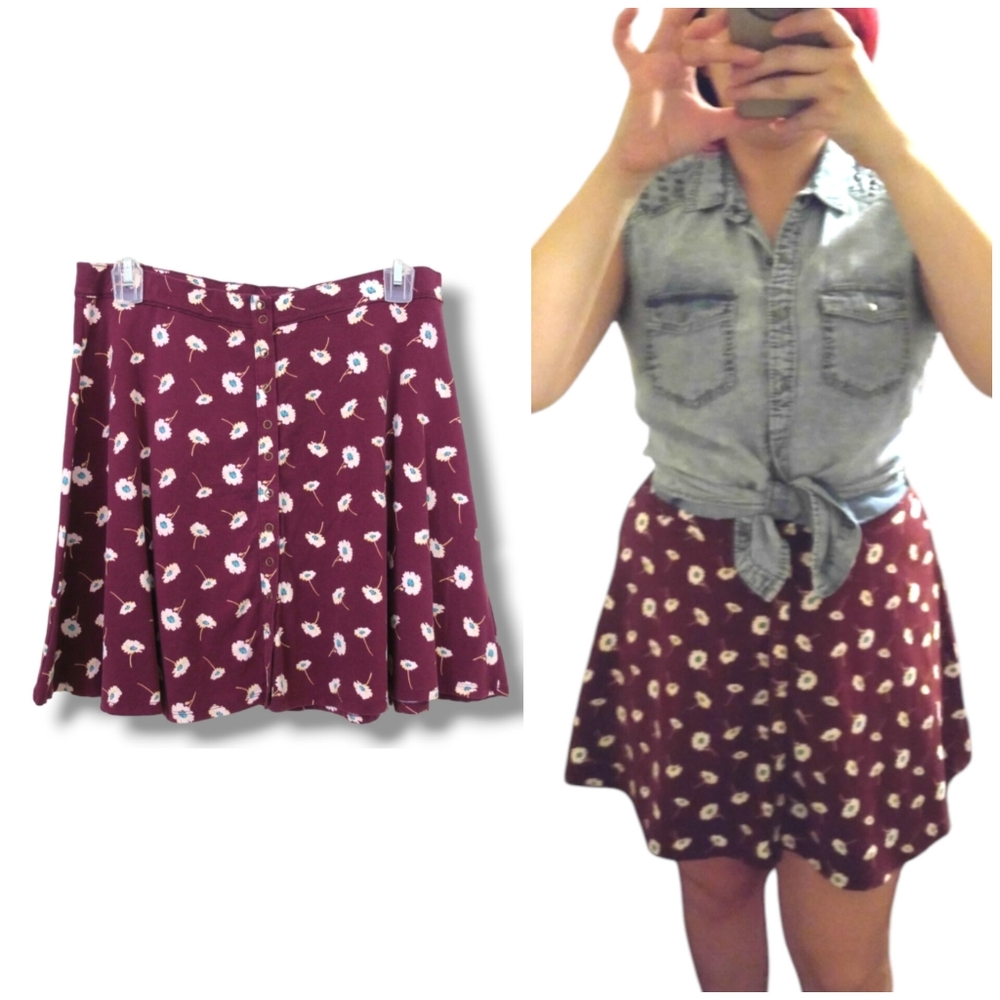 Forever 21 Floral Skirt Burgundy Flowers Snap Front Stretch Jersey Large